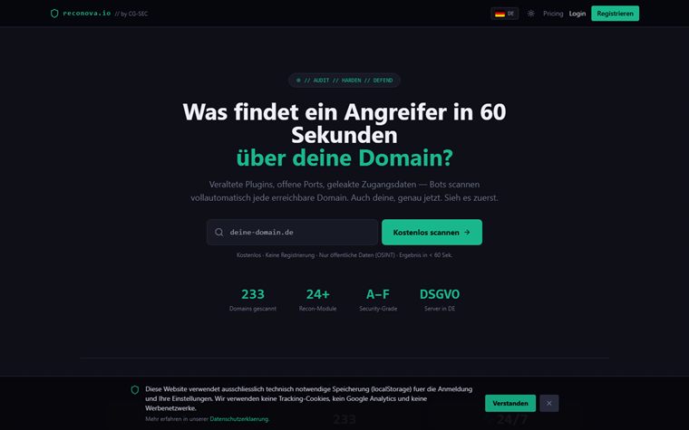 Startseite von reconova.io – OSINT-Domain-Scanner